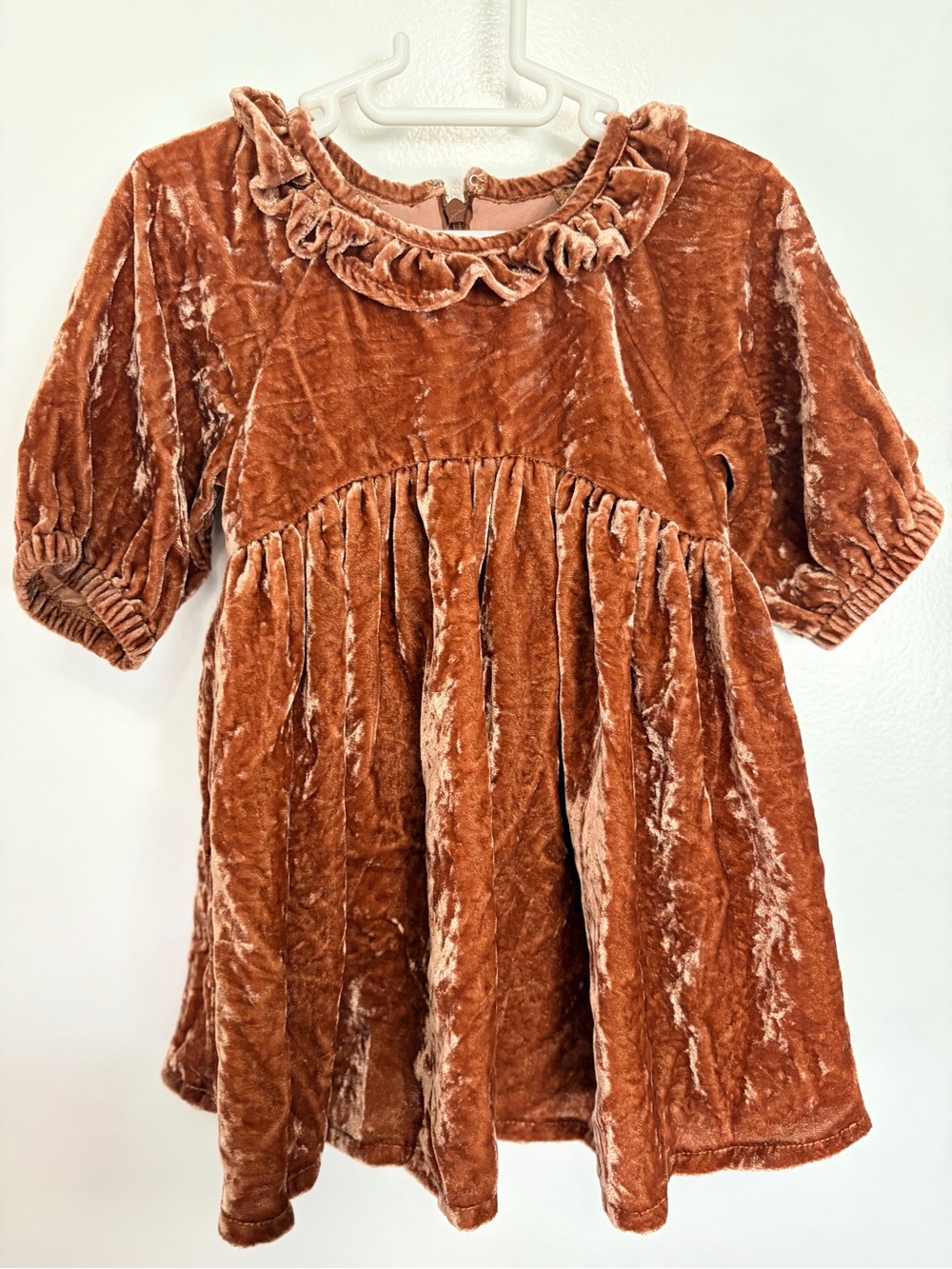 Rust Velvet Ruffle Neck Girls' Dress